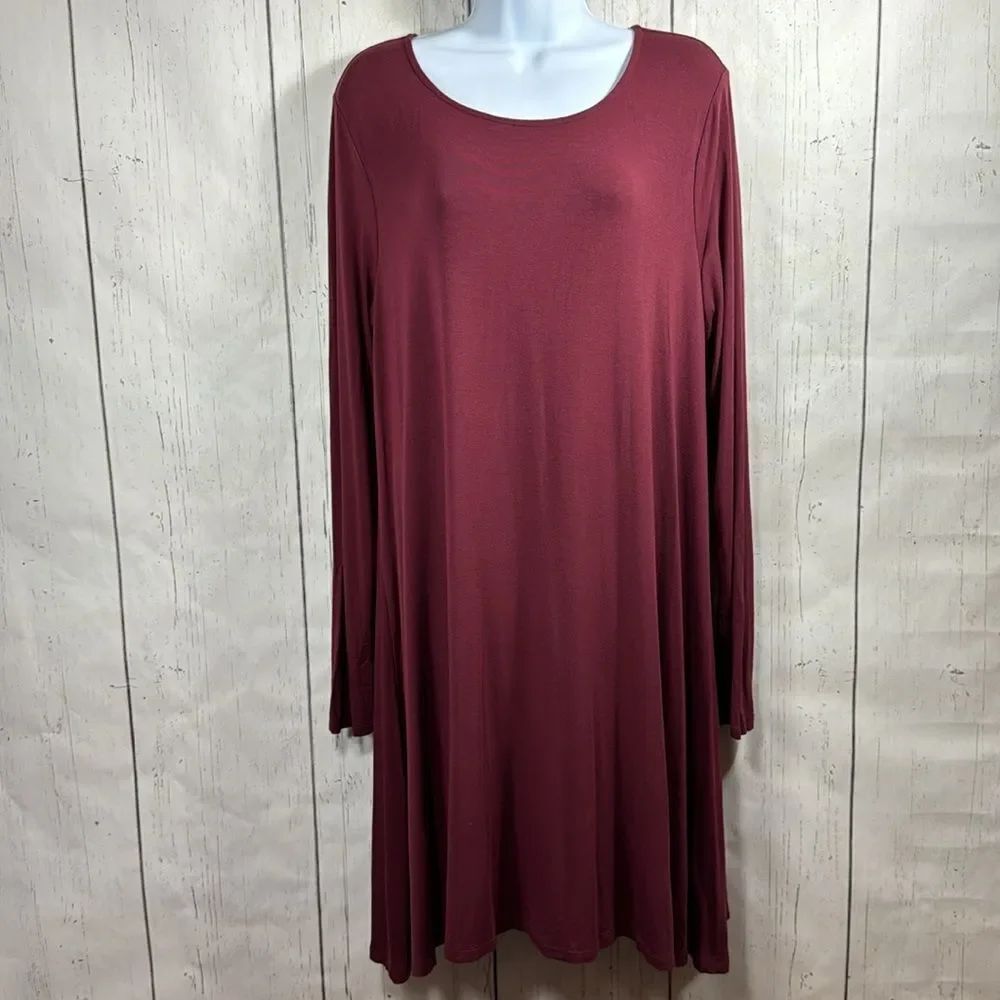 Old Navy Burgundy Long Sleeve Swing Dress Size L Minimalist Casual Soft Stretch
